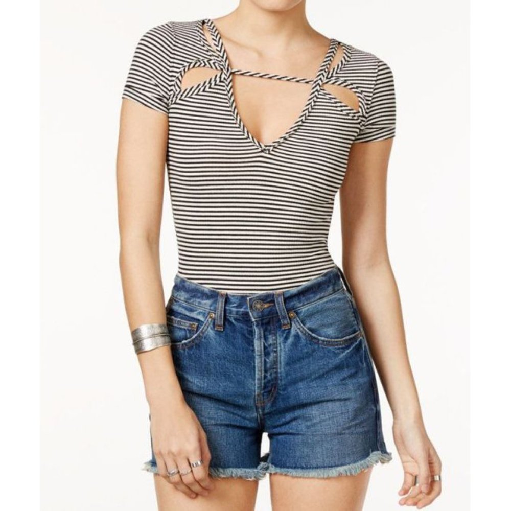 NEW Free People Frenchie Striped Cutout Top Cut-Outs Strappy Stretchy Ribbed Tee